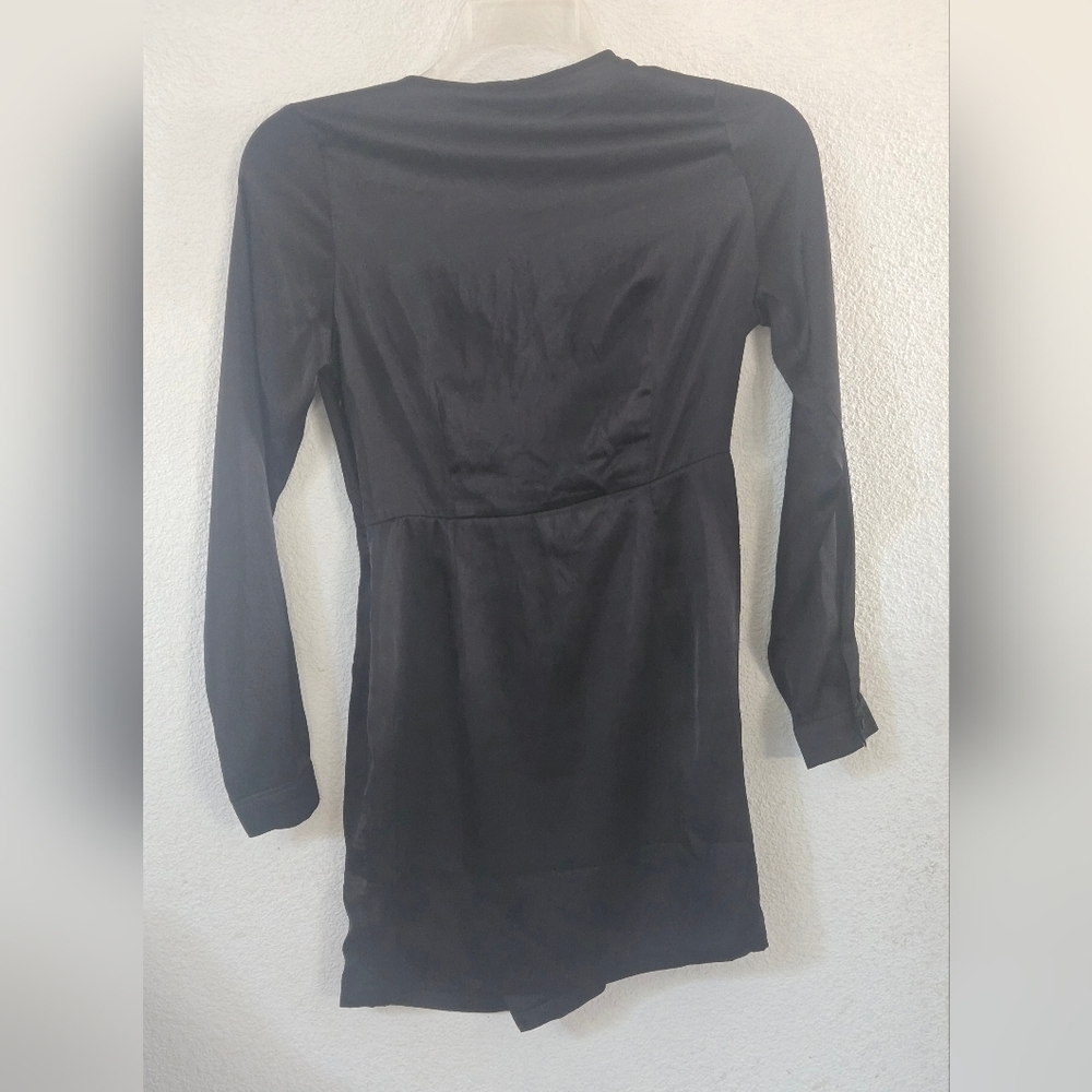 Fashion Nova Black Satin Twist-Front Long Sleeve Dress - Picture 3 of 7